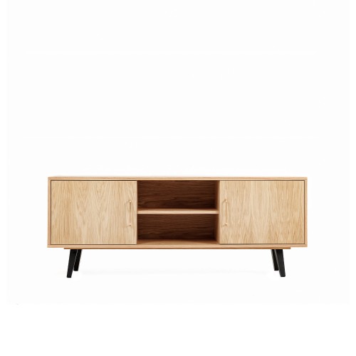 BELL Scandinavian oak TV unit with black legs and natural oak veneer